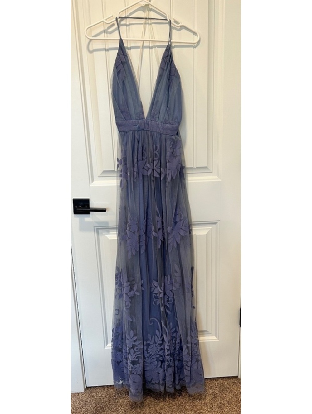 Lavender party dance dress is sheer dress velvet flowers cross cross back straps